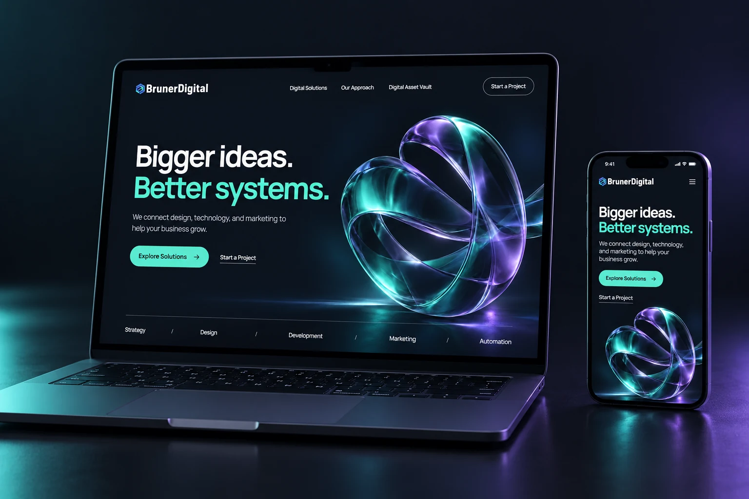 Device mockup of BrunerDigital’s own website redesign on laptop and phone.