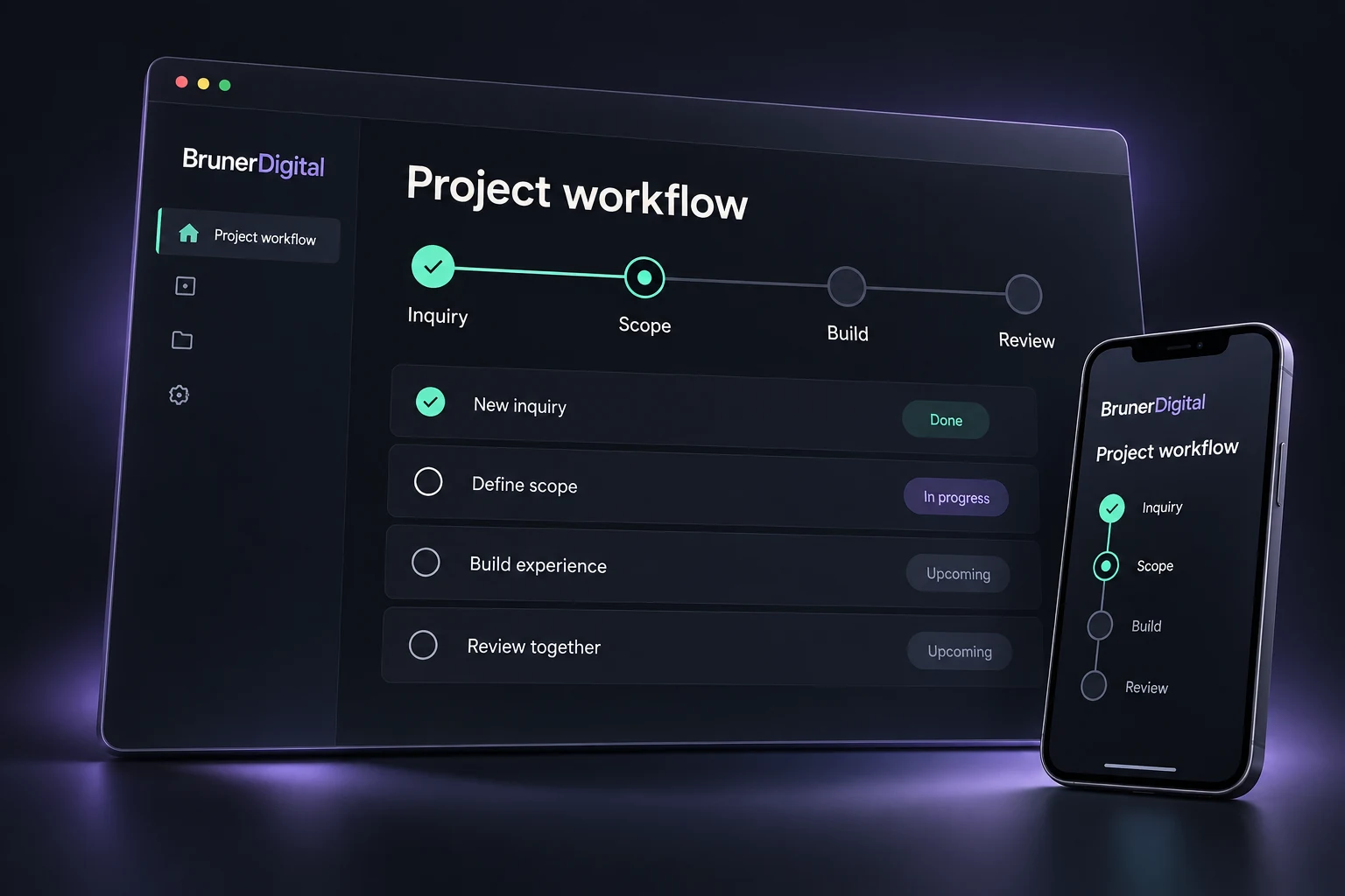 Illustrative workflow interface on desktop and mobile showing Inquiry, Scope, Build and Review.